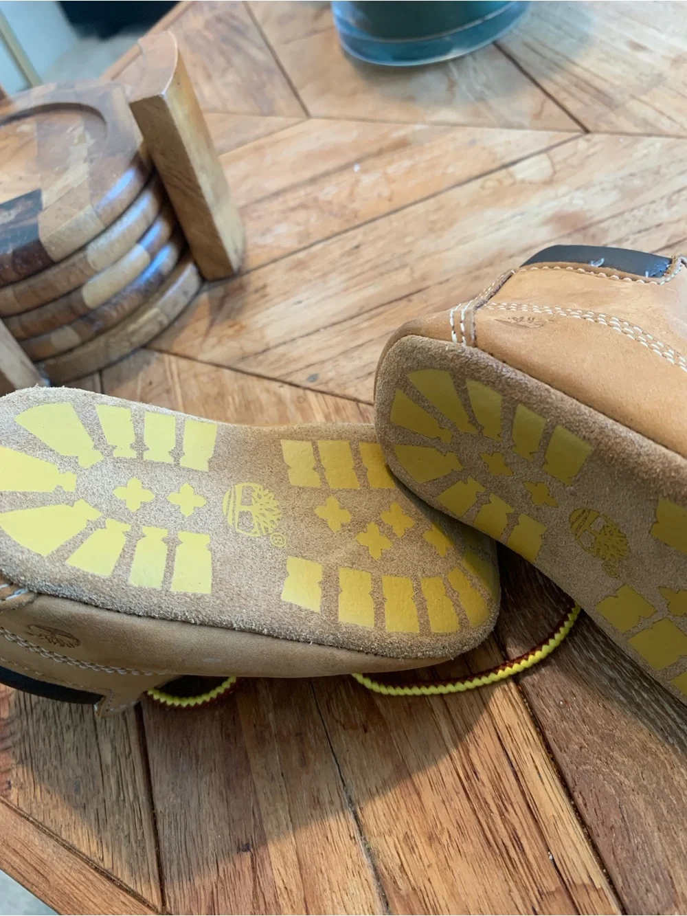 Timberland Kids Tan Boots with Yellow and Burgundy Two-Tone Laces